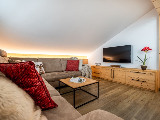 Wohnzimmer mit Couch und Flat-TV